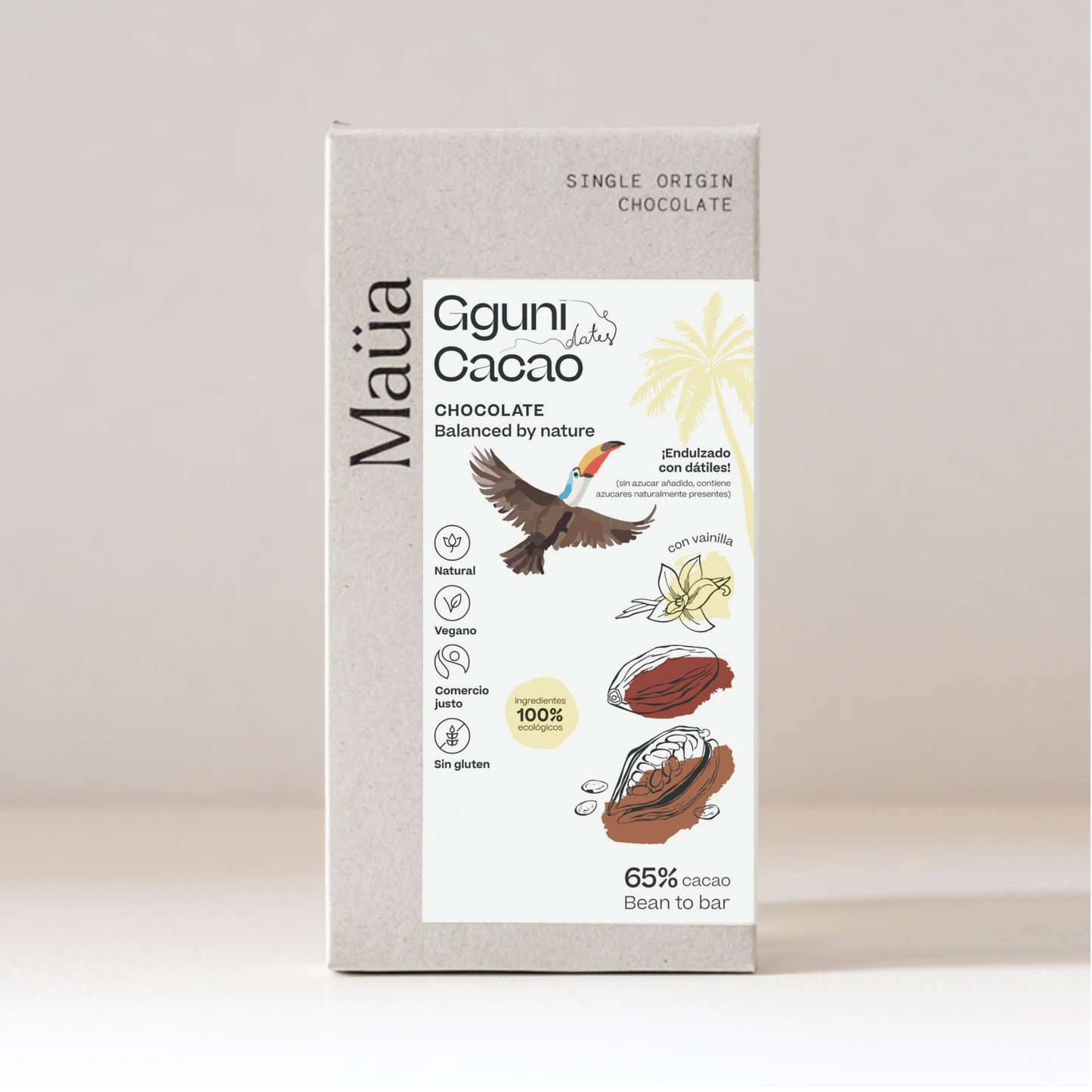 65% Chocolate con Vainilla, endulzado con dátiles. Vegano. (Venta anticipada)