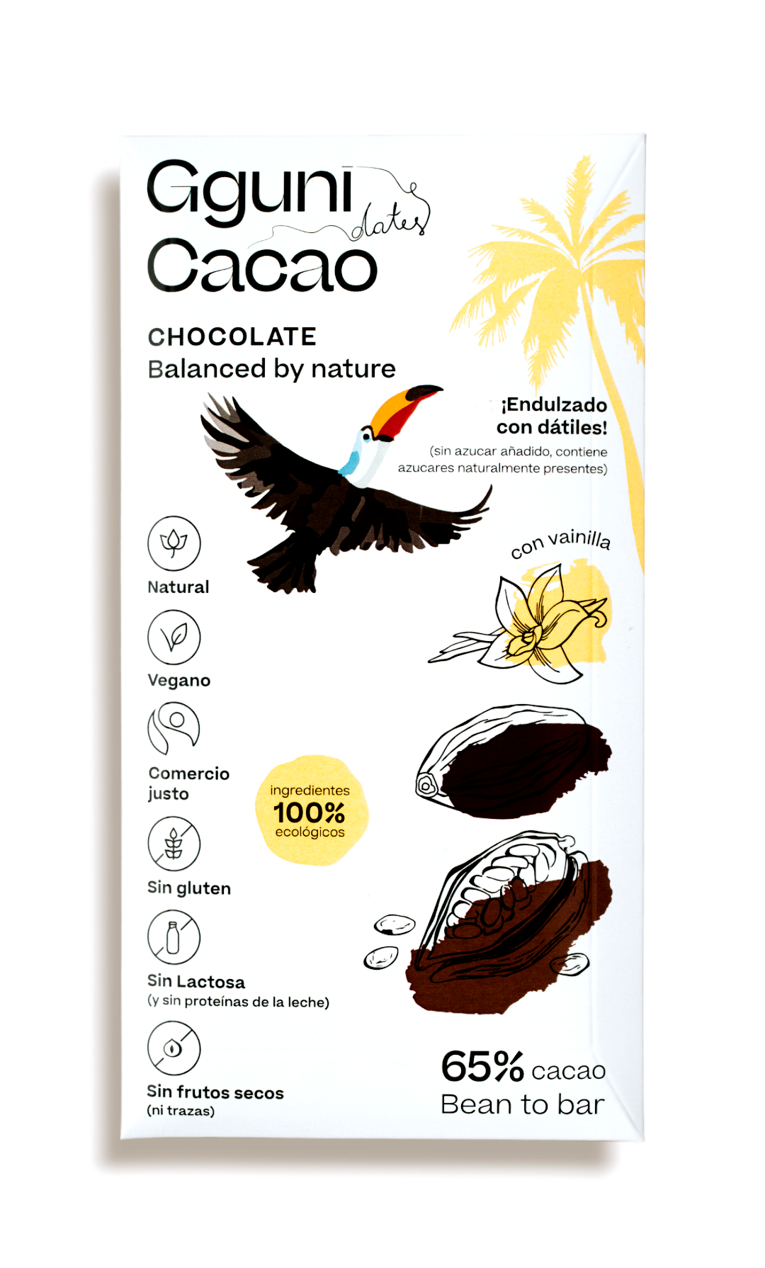 65% Chocolade met Vanille, gezoet met dadels. Veganistisch vriendelijk. Biologisch