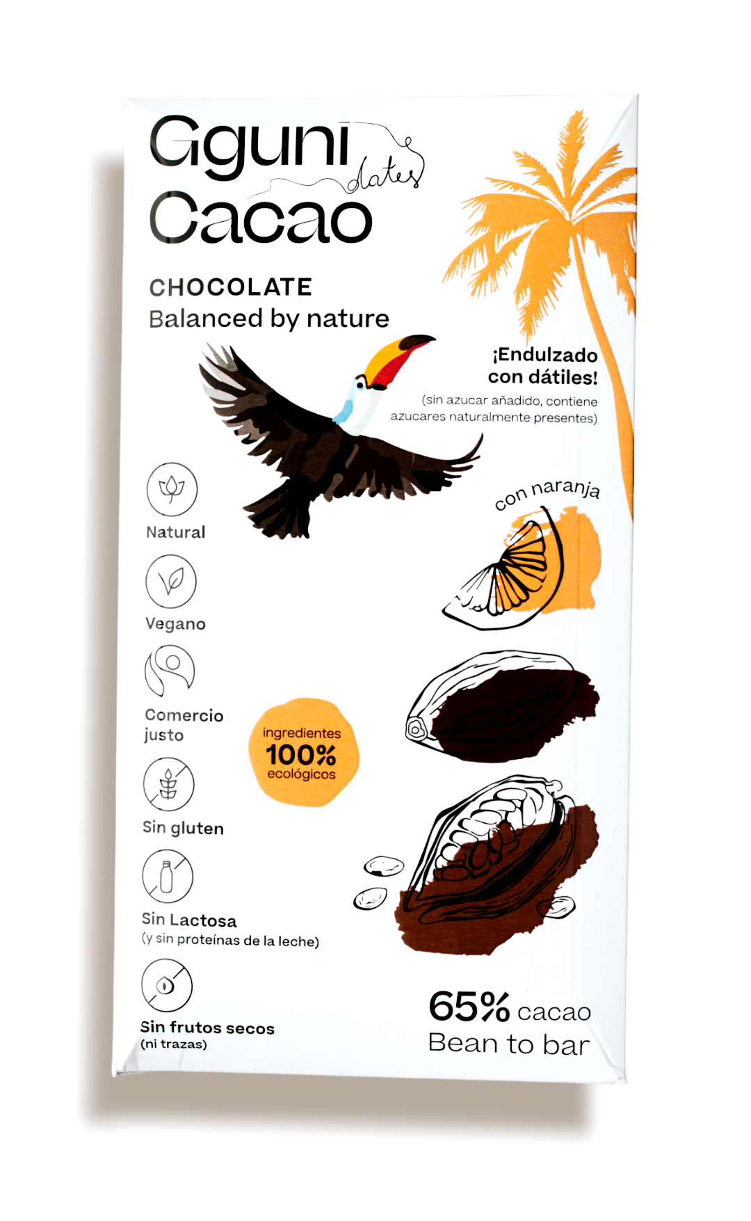 65% Chocolate with Orange peel, sweetened with dates. Vegan friendly. Organic