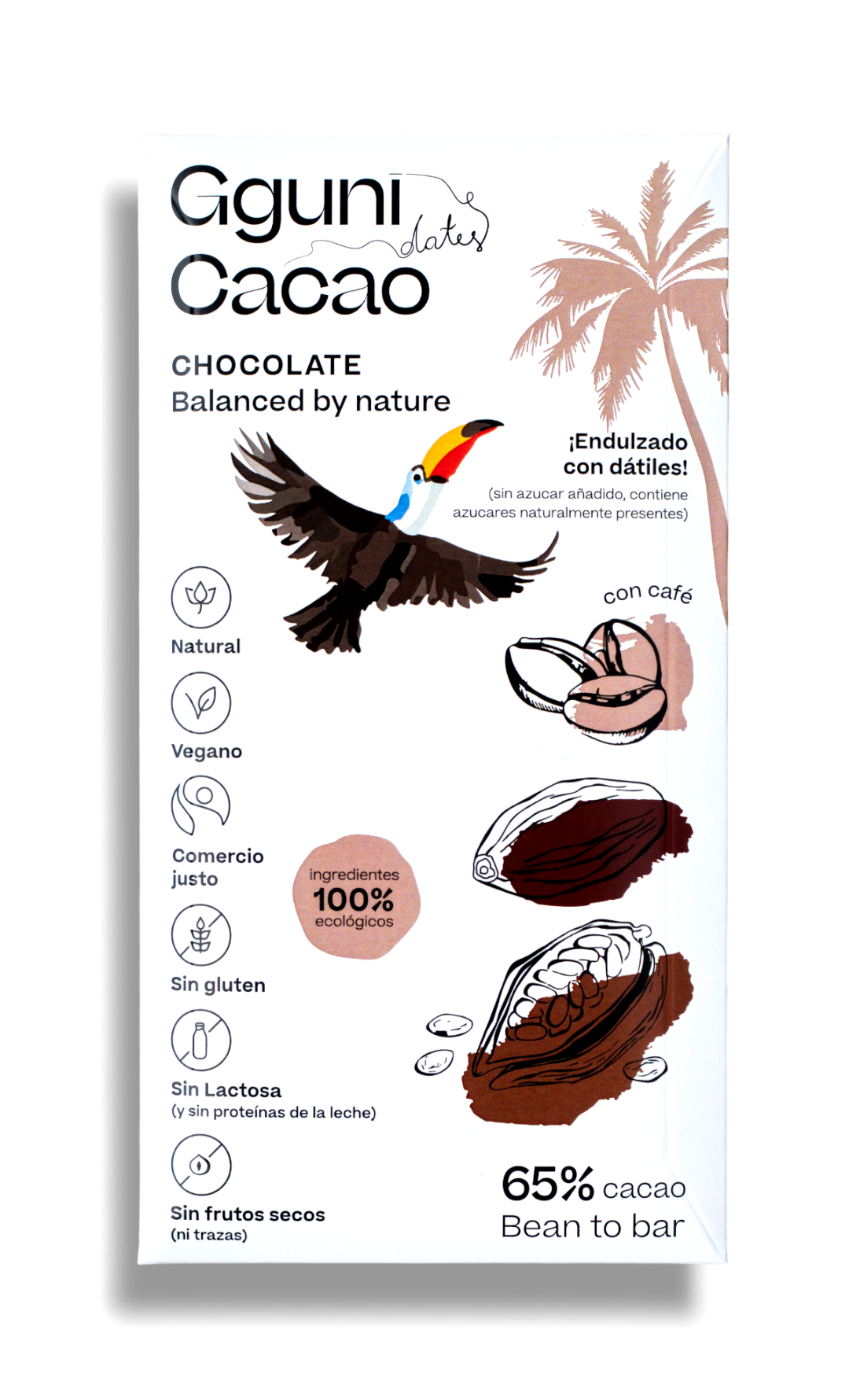 65% Chocolade met Koffie, gezoet met dadels. Veganistisch vriendelijk. Biologisch