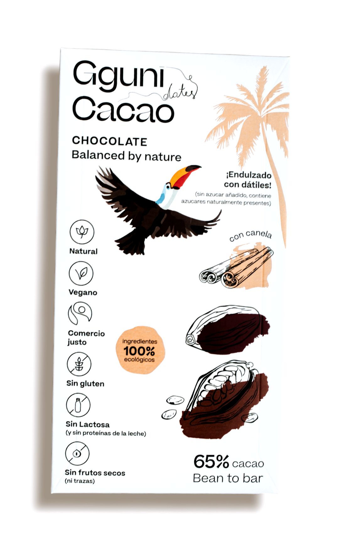 65% Chocolade met Kaneel, gezoet met dadels. Veganistisch vriendelijk. Biologisch.