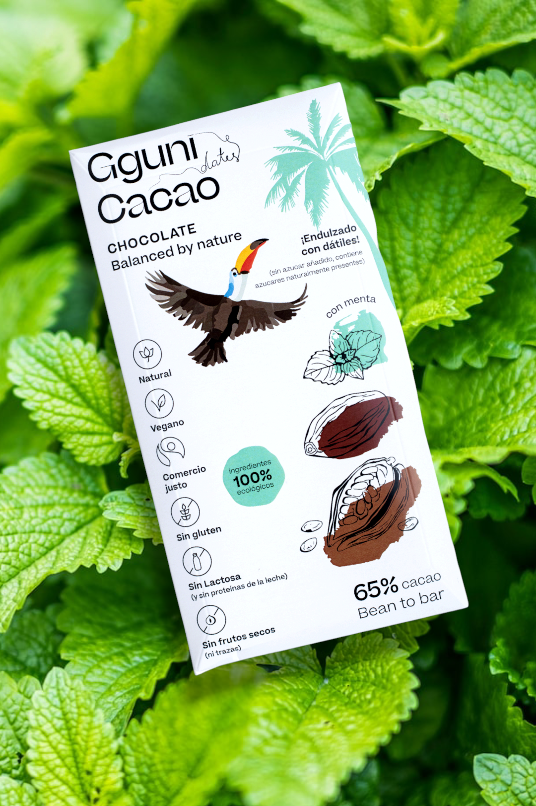65% Chocolate with mint, sweetened with dates. Vegan. Organic