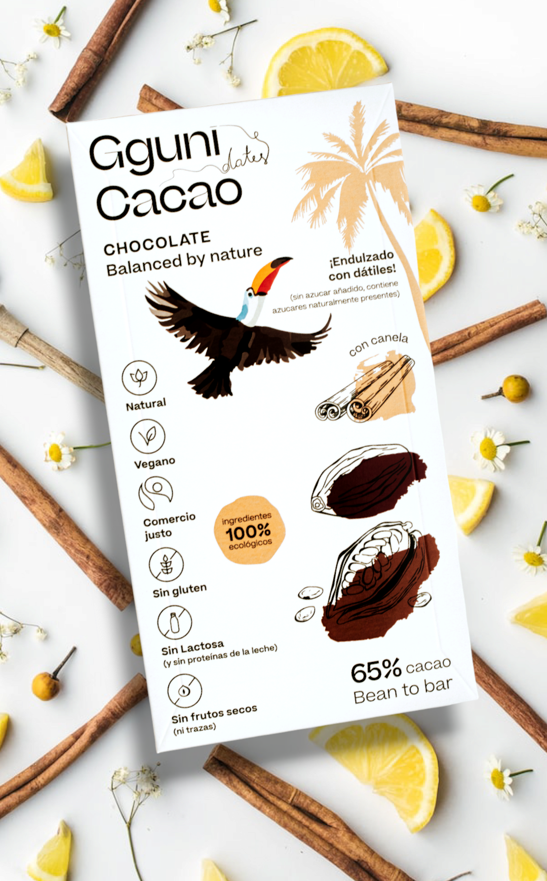65% Chocolade met Kaneel, gezoet met dadels. Veganistisch vriendelijk. Biologisch.