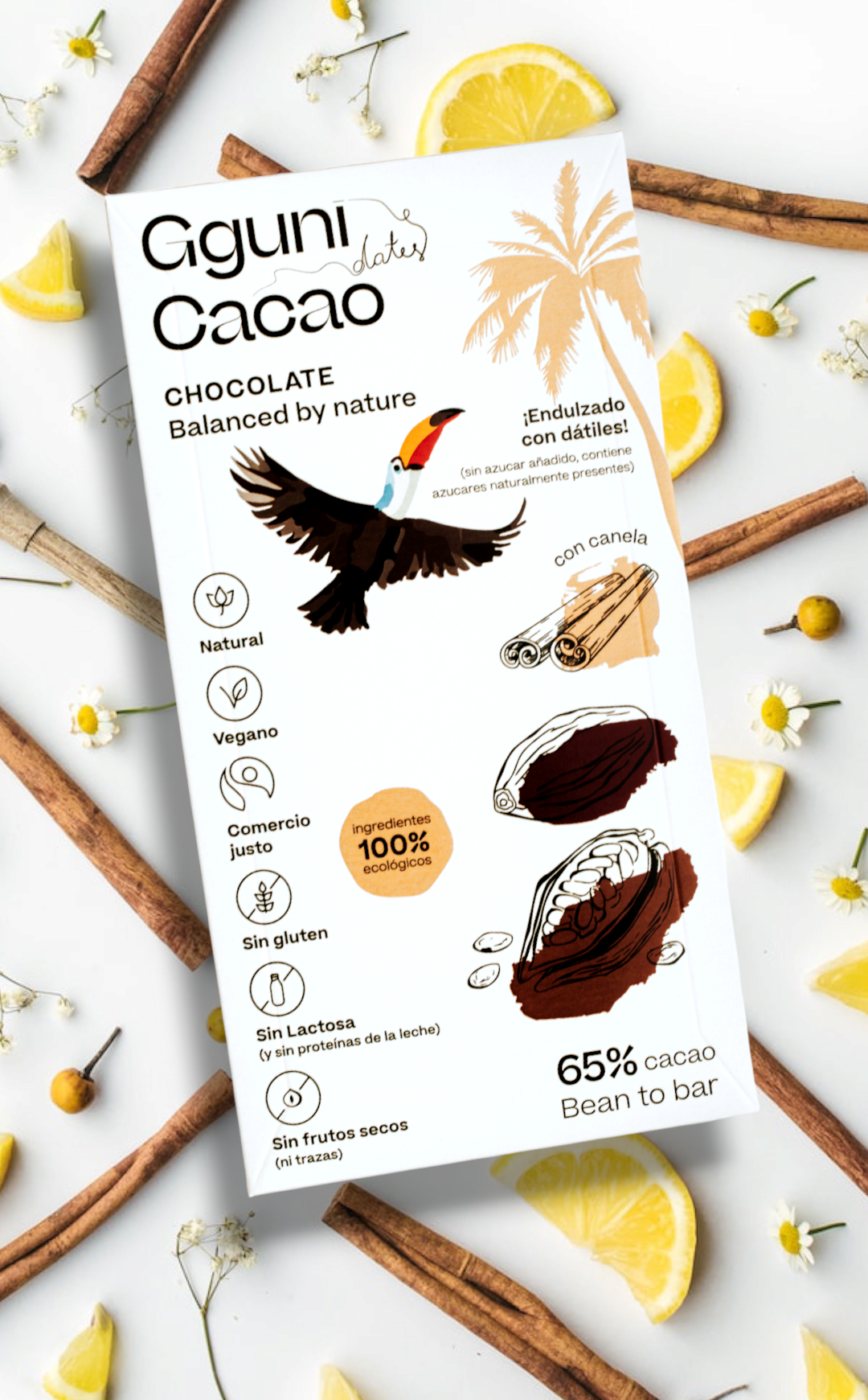 65% Chocolate with Cinnamon, sweetened with dates. Vegan friendly. Organic.