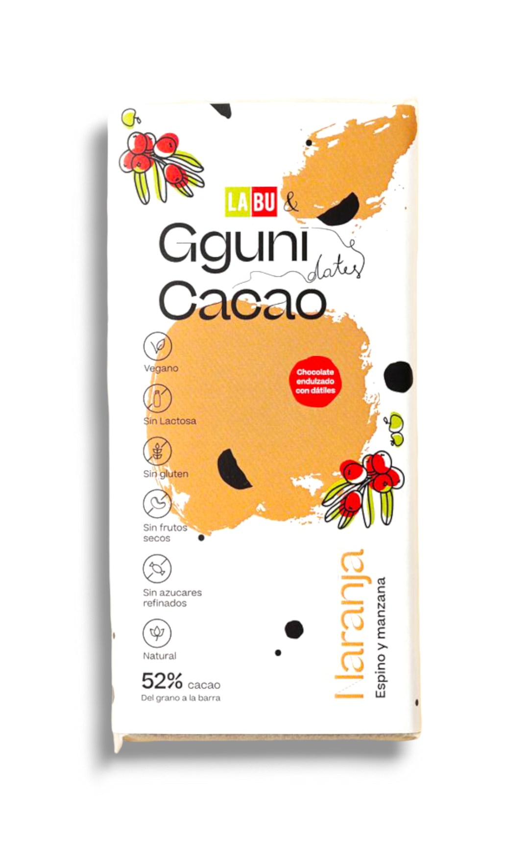 52% Chocolate con Naranja con trocitos de LABU puré secado de Espino amarillo y Manzana. Endulzado con dátiles. Vegano.