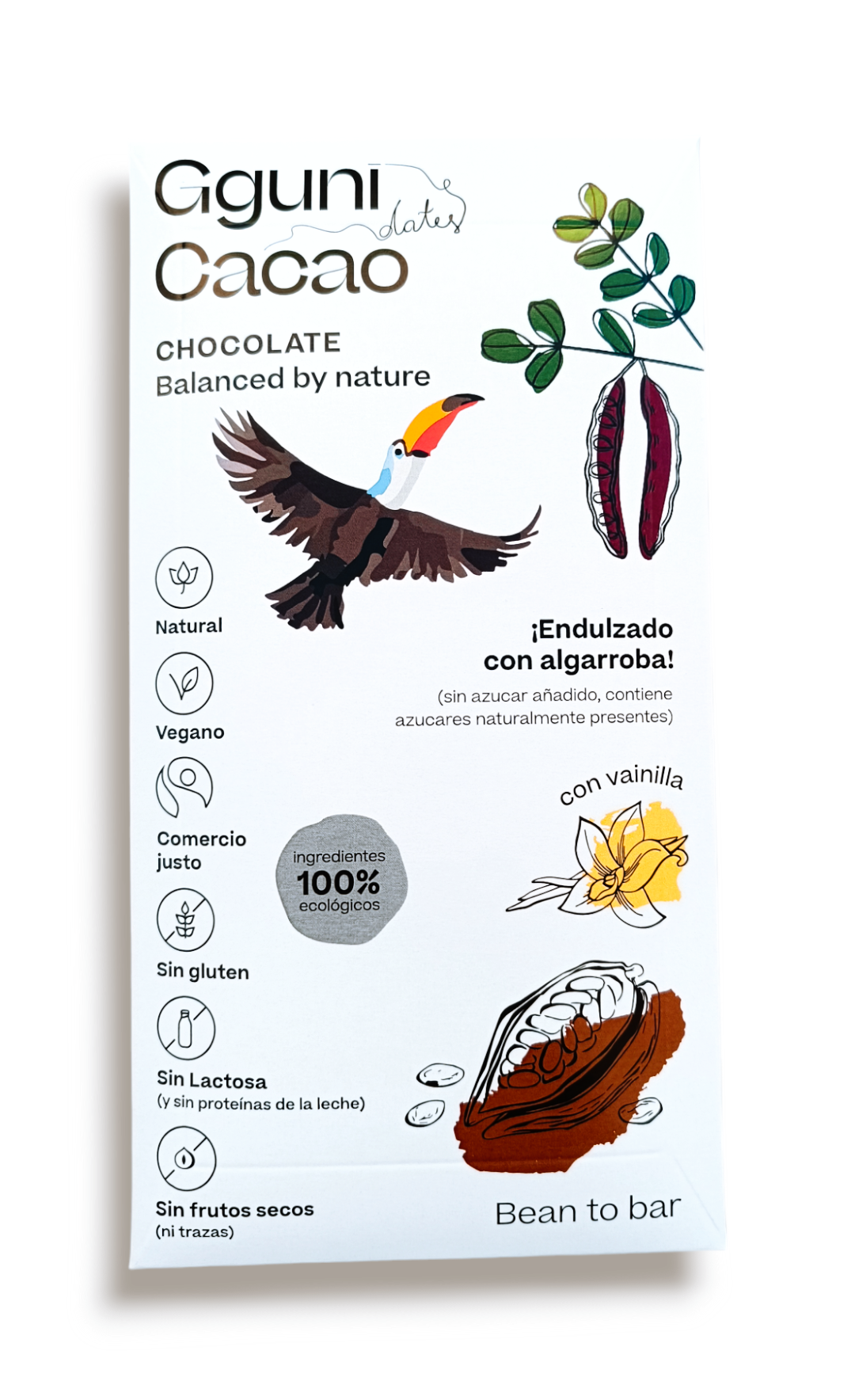 Chocolade, gezoet met Johannesbrood met Vanille. Veganistisch vriendelijk. Biologisch