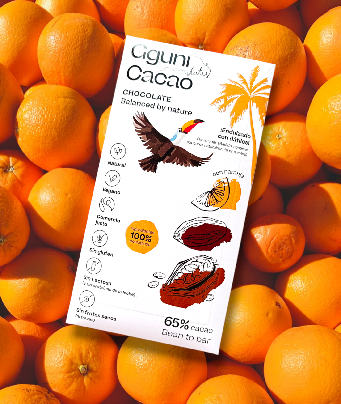 65% Chocolate with Orange peel, sweetened with dates. Vegan friendly. Organic