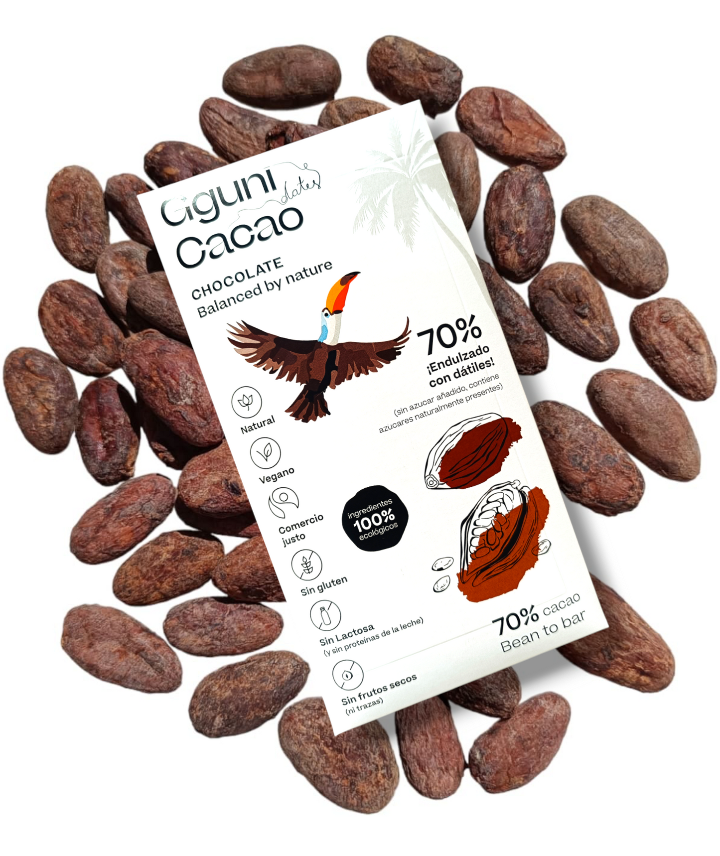 70% Šokoladas, saldintas datulėmis. Tinka veganams. Ekologiškas