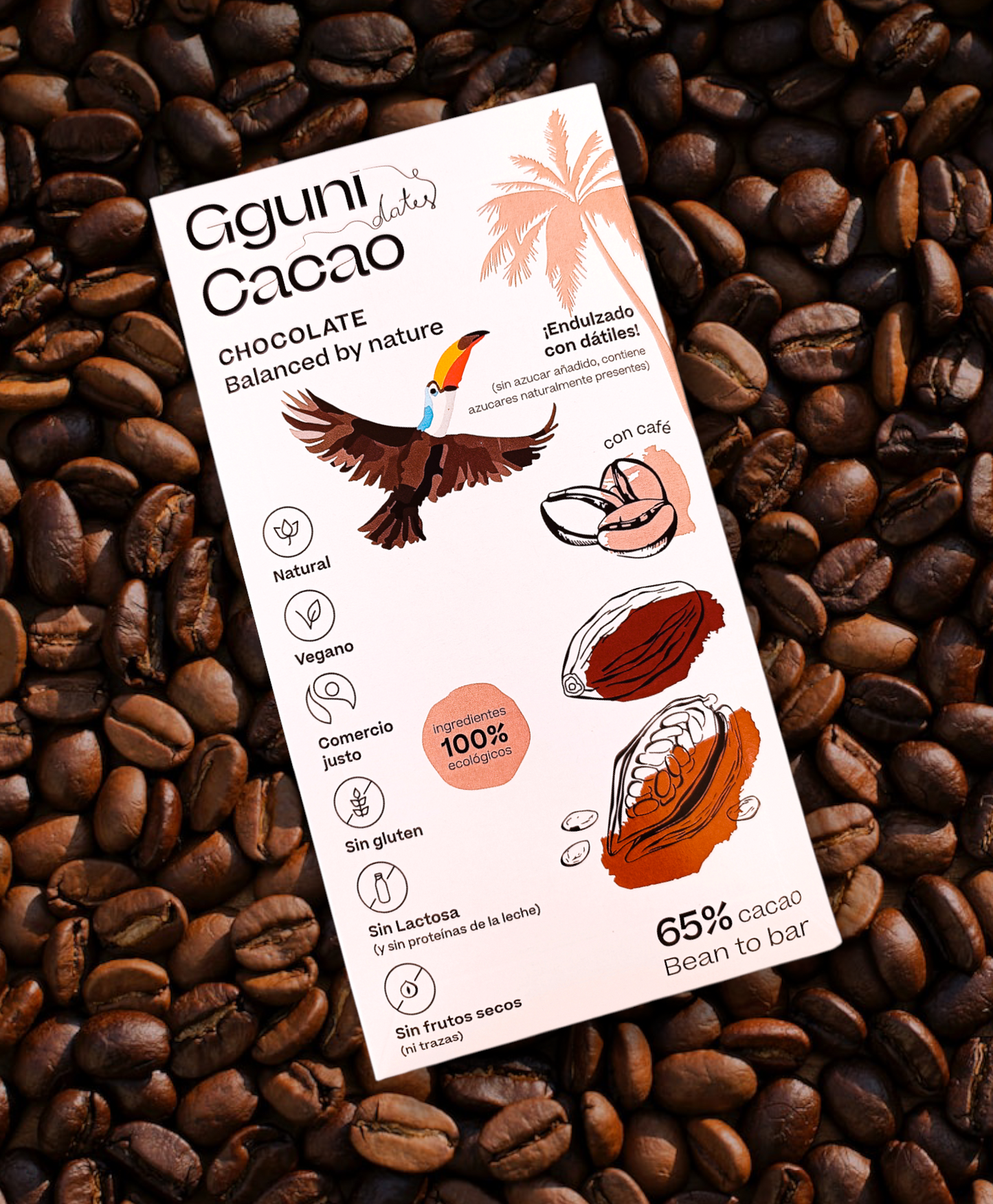 65% Chocolate with Coffee, sweetened with dates. Vegan friendly. Organic