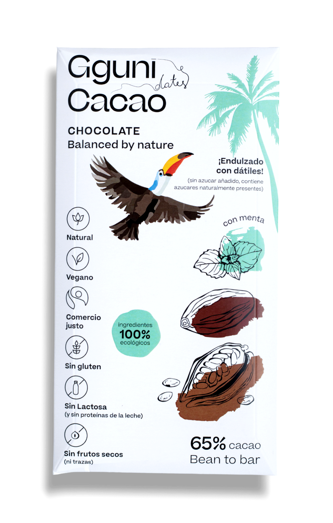 65% Chocolate with mint, sweetened with dates. Vegan. Organic