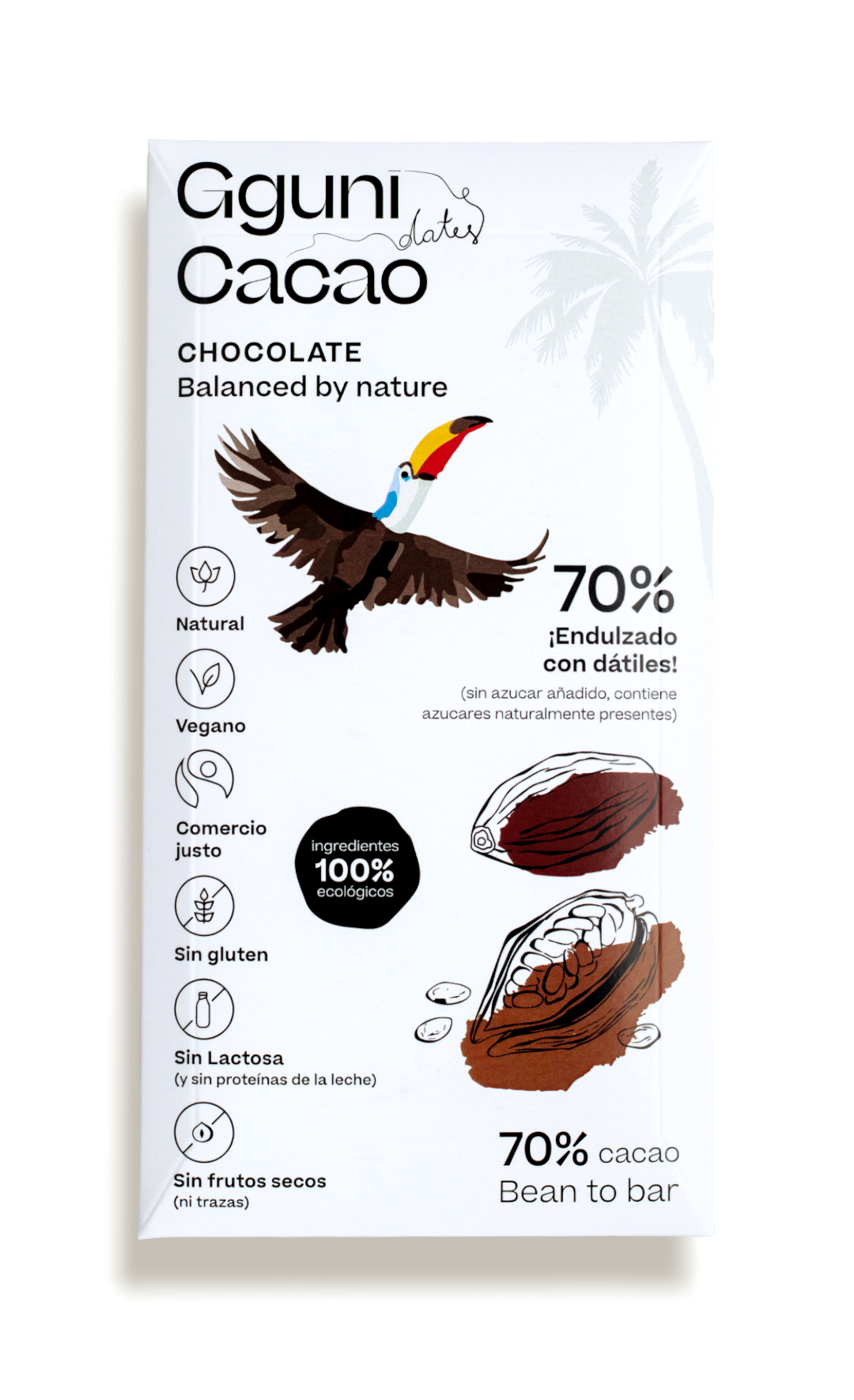 70% Chocolate, sweetened with dates. Vegan friendly. Organic
