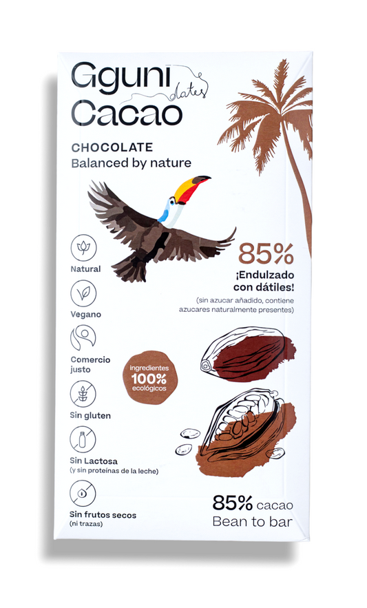 85% juodasis šokoladas be cukraus, saldintas datulėmis. Tinka veganams. Ekologiškas