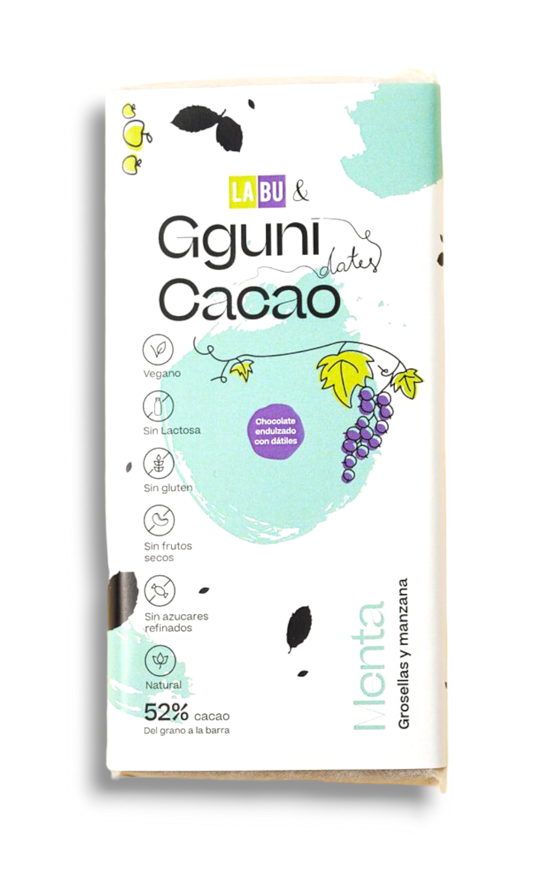 52% Chocolate with Mint, with LABU dried Blackcurrant and Apple puree pieces. Sweetened with dates. Vegan friendly.