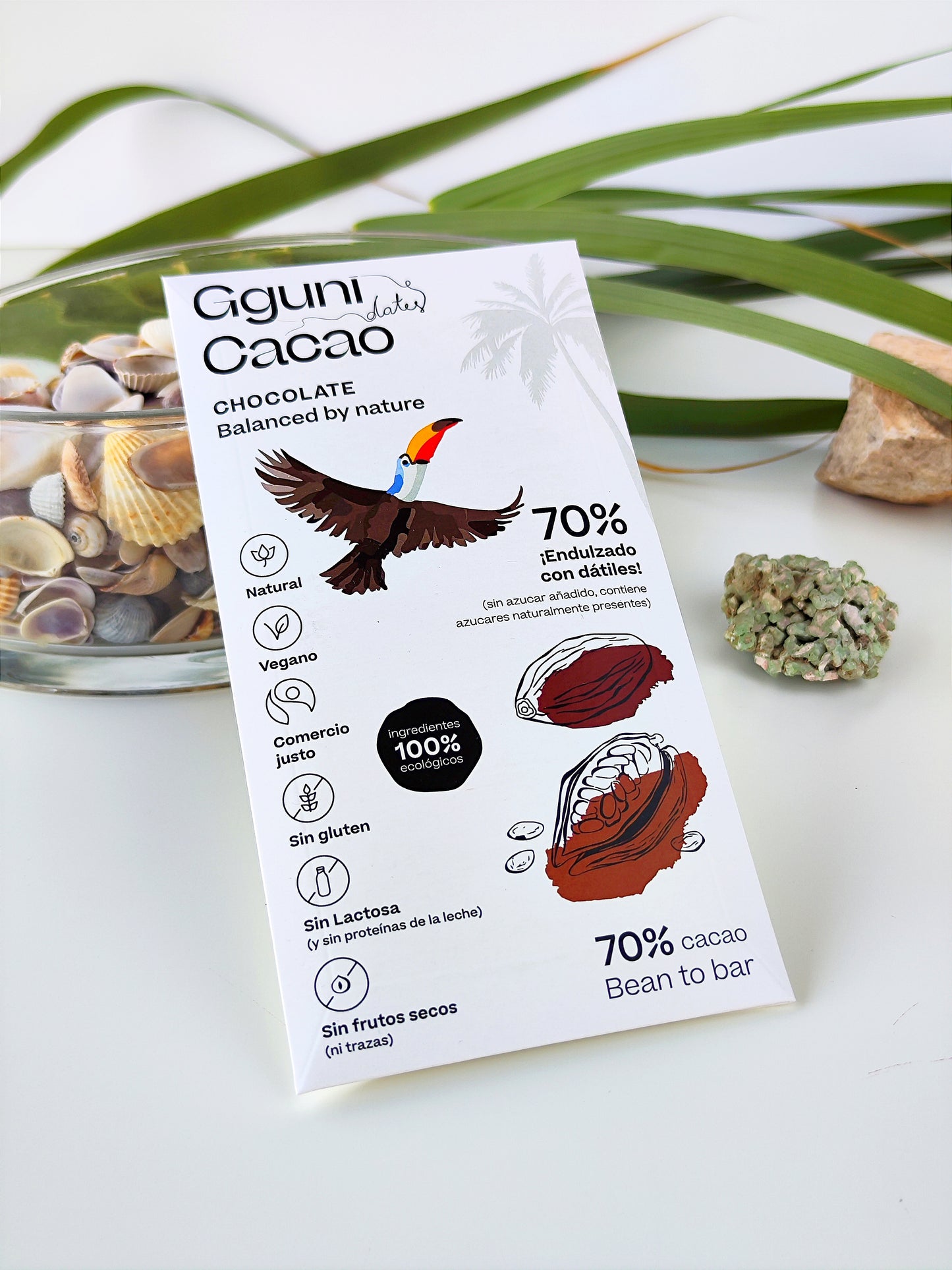 70% Chocolate, sweetened with dates. Vegan friendly. Organic
