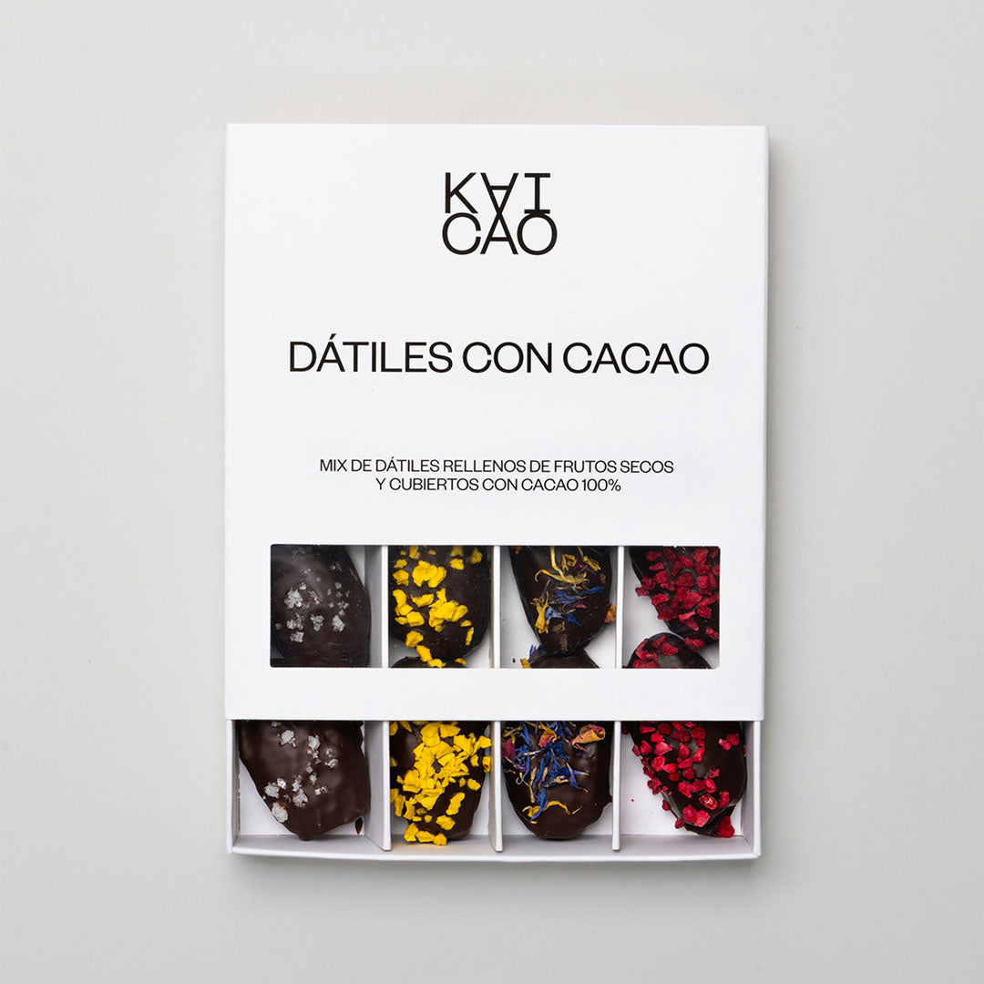 Rinkinys iš 12 medjool datulių, įdarytų riešutais, padengtų 100% kakava, 300 g